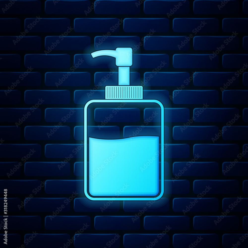 Obraz premium Glowing neon Hand sanitizer bottle icon isolated on brick wall background. Disinfection concept. Washing gel. Alcohol bottle for hygiene. Vector Illustration