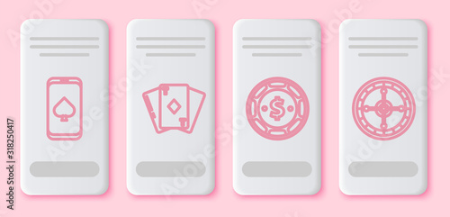 Set line Online poker table game, Playing card with diamonds, Casino chip with dollar and Casino roulette wheel. White rectangle button. Vector