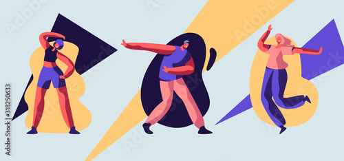 Set of Young People Sparetime with Dancing. People Active Lifestyle, Man and Woman Spend Time at Disco Dance Leisure or Hobby. Youth, Movement, Mobile Music Concept Cartoon Flat Vector Illustration