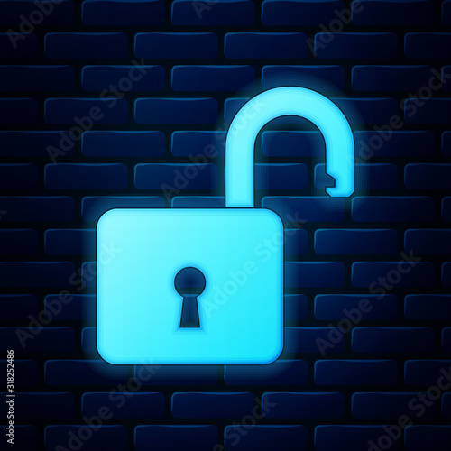 Glowing neon Open padlock icon isolated on brick wall background. Opened lock sign. Cyber security concept. Digital data protection. Safety safety. Vector Illustration