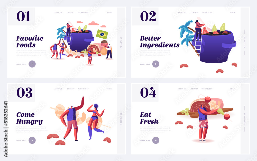 Naklejka premium Typical Brazilian Dishes, Fiesta Website Landing Page Set. People Cooking and Eating Traditional Brazil Food Feijoada Soup with Beans, Candy Brigadeiro Web Page Banner Cartoon Flat Vector Illustration