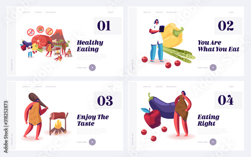 Organic Raw Nutrition Paleo Diet as Caveman Lifestyle Website Landing Page Set. Low Carbs, High Fat and Protein Food, Dietary Science, Stone Ages meal Web Page Banner. Cartoon Flat Vector Illustration