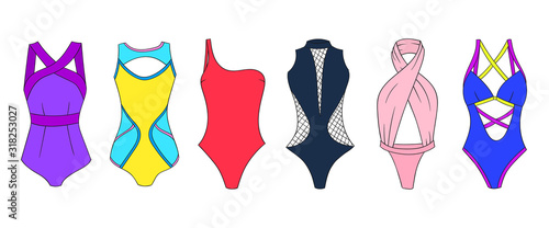 Swimming suits set. Doodle bikini. One piece swimsuits collection. Ladies clothes for summer vacation. Bikini sketch. Swimwear fashion.