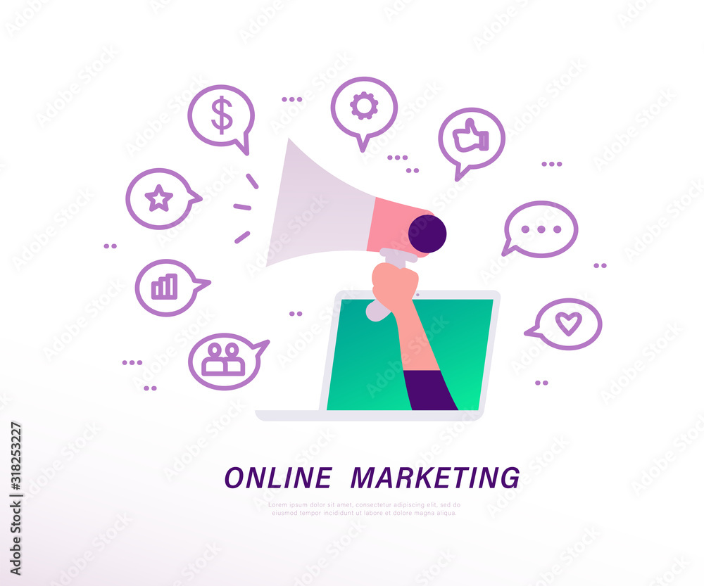 Online media marketing concept with laptop, human hand holding megaphone and video, media, review, communication linear icons metaphor. Vector flat illustration. Online media marketing concept with laptop, human hand holding megaphone and video, media, review, communication linear icons metaphor. Vector flat illustration.