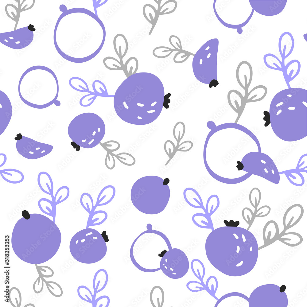  Seamless vector pattern of decorative wild berries. Blueberry background. Doodle style pattern.