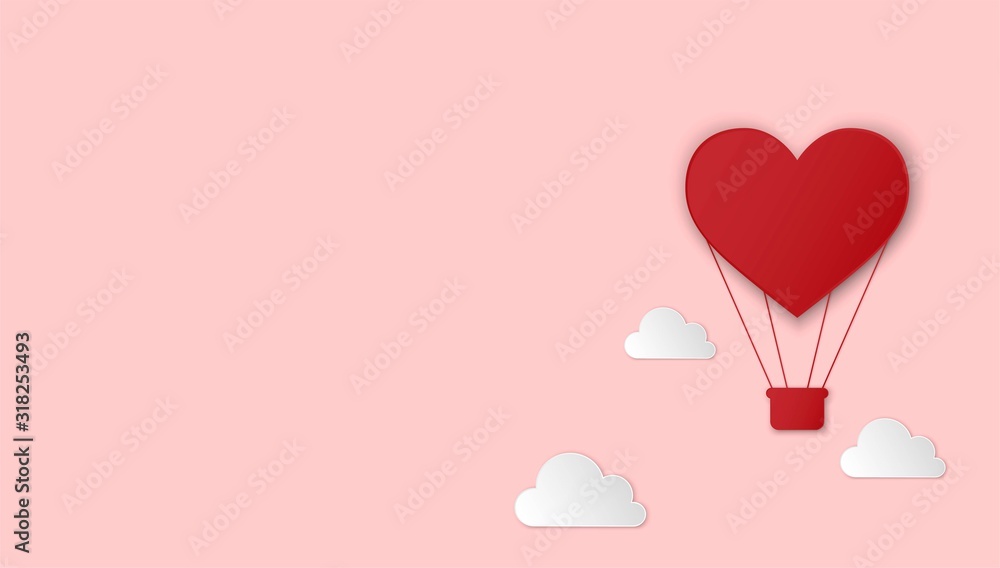 paper cut heart hot air balloon and white clouds