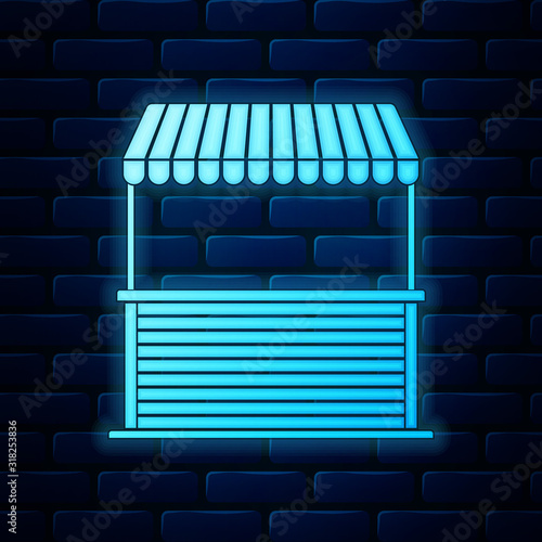 Glowing neon Street stall with awning and wooden rack icon isolated on brick wall background. Kiosk with wooden rack. Vector Illustration