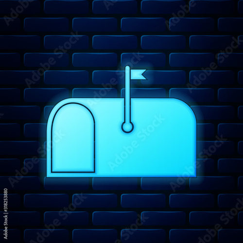 Glowing neon Mail box icon isolated on brick wall background. Mailbox icon. Mail postbox on pole with flag. Vector Illustration