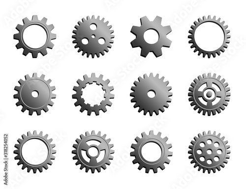 Vector Mechanical Cogwheel Collection. Set Of Silver Gear Wheels And Cogs, Grey Volumetric Icons, Different Configuration, Round Details. Gears Can Be Combined Into Mechanism By Changing Size.