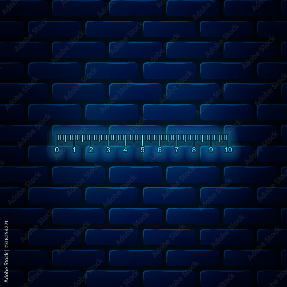 Fototapeta premium Glowing neon Measuring scale, markup for rulers icon isolated on brick wall background. Size indicators. Different unit distances. Vector Illustration
