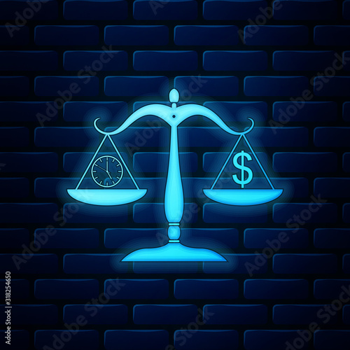 Glowing neon Scale weighing money and time icon isolated on brick wall background. Scales with hours and a coin. Balance between work and the given time. Vector Illustration