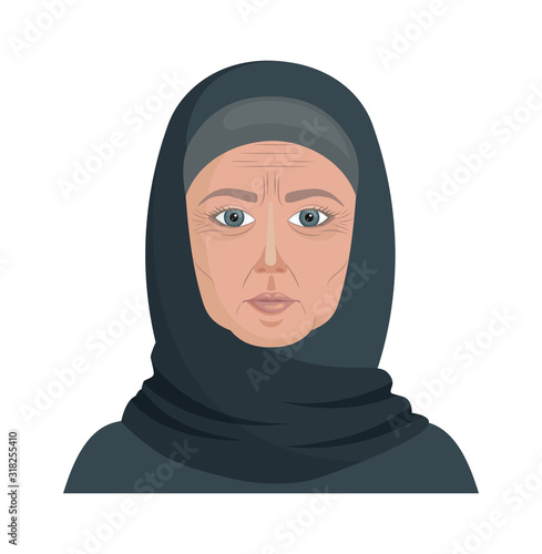 An old woman in a hijab. Elderly Muslim woman. Vector illustration in cartoon style with characters isolated on a white background. Grandma's face with wrinkles.
