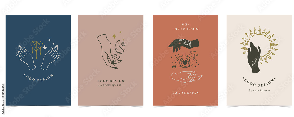 Collection of occult background set with hand,eye,moon,sun.Editable vector illustration for website, invitation,postcard and sticker