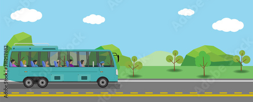 Transportation of bus takes passengers on the roads in areas far from the city. With a beautiful natural environment.