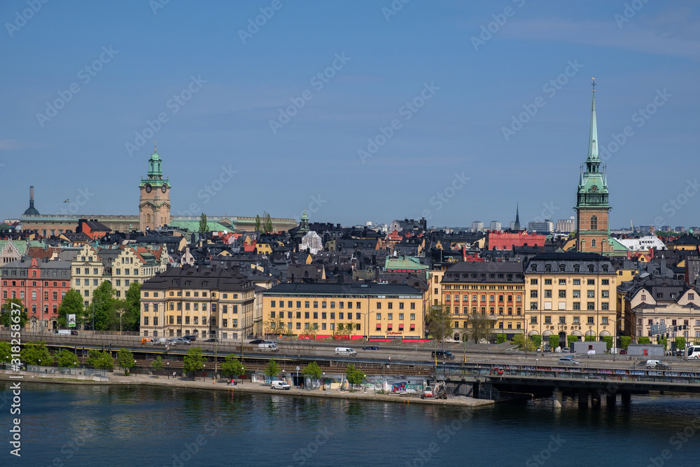 Embankment of the old city on a sunny day. Stockholm, Sweden.