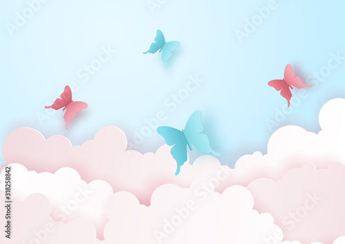 Paper art and craft of nature and landscape concept with flying butterfly on the sky over the cloud. Vector illustration eps10.