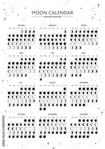 Vector lunar calendar 2020. Moon phases. Northern hemisphere. Vector unique design.