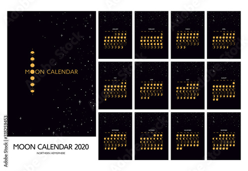 Moon calendar 2020. Moon phases. Set of 12 monthes. Vector hand drawn design. photo