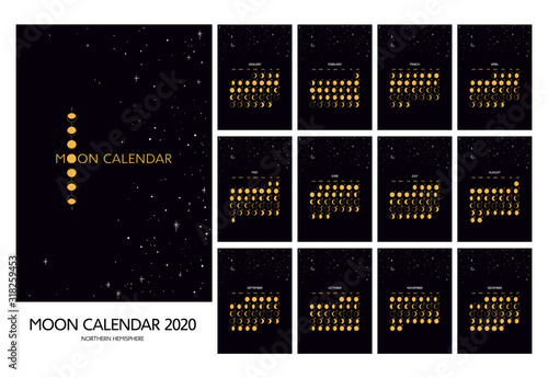 Moon calendar 2020. Moon phases. Set of 12 monthes. Vector hand drawn design.