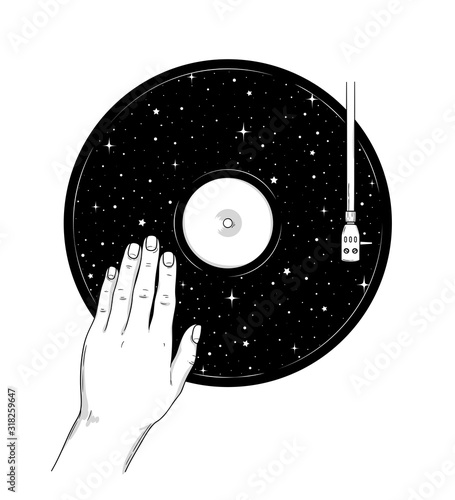 Cosmic fantasy hand drawn line art with abstract vinyl record and human hand. Space vector illustration for t-shirt, coloring book, tattoo, postcard.