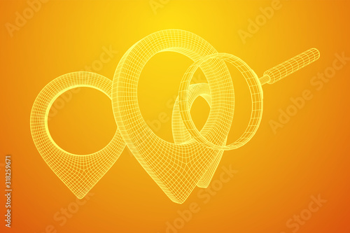 Location pin geo mark icon for travel with magnifying glass. Search path navigator concept. Wireframe low poly mesh vector illustration