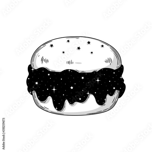 Cosmic fantasy hand drawn line art. Abstract burger with filling dark matter. Space vector illustration for t-shirt, coloring book, tattoo, postcard.