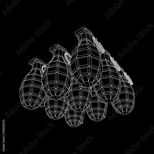 Hand bomb frag grenade wireframe low poly mesh vector illustration