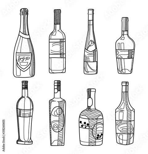 Hand drawn alcohol bolltes. Vector sketch of a bottles isolated on white.