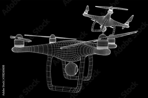 Remote control air drone. Dron flying with action video camera. Wireframe low poly mesh vector illustration