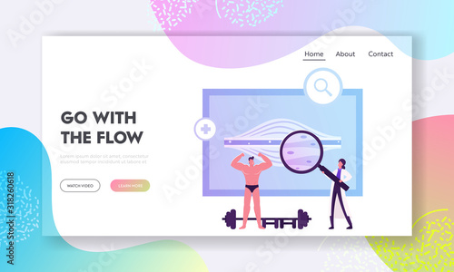 Sportsman Health Care Website Landing Page. Man Bodybuilder Demonstrate Power, Doctor with Huge Magnifier Looking at Image of Healthy Muscle on Screen Web Page Banner. Cartoon Flat Vector Illustration