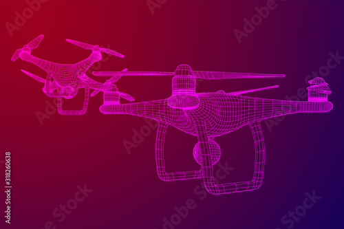 Remote control air drone. Dron flying with action video camera. Wireframe low poly mesh vector illustration