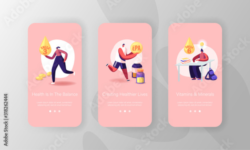 Sportsman and Student Eating Omega Bio Active Supplements Mobile App Page Onboard Screen Set. People take EPA Eicosapentaenoic Acid Concept for Website or Web Page, Cartoon Flat Vector Illustration