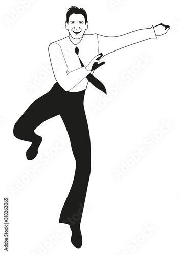 Elegant man wearing vintage style clothes dancing retro dance isolated on white background