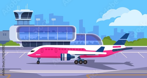 Airport terminal. Cartoon transport hub with passengers waiting to arrival and departure, vector transport aircraft and dispatchers tower. Illustration concept plane before dispatch