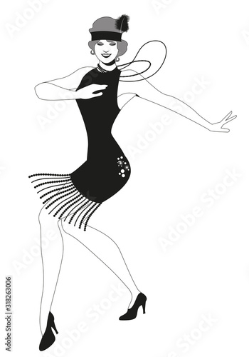Funny flapper girl wearing vintage style clothes dancing charleston isolated on white background