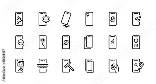 Smartphone repair icons. Dropped phone with cracked screen, broken tempered glass protection, water resistance. Vector set icon cell phones with possible problem and fix it