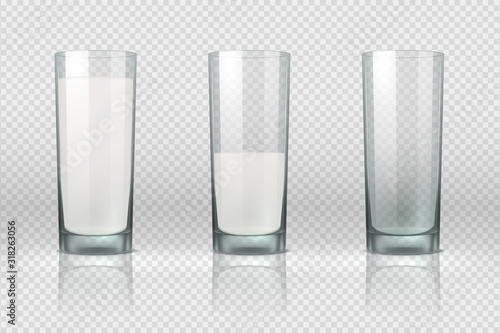 Milk glass. Realistic empty, half full and full glass with milk isolated on transparent background. Vector set nonalcoholic dairy drinks for healthy lifestyle or diet