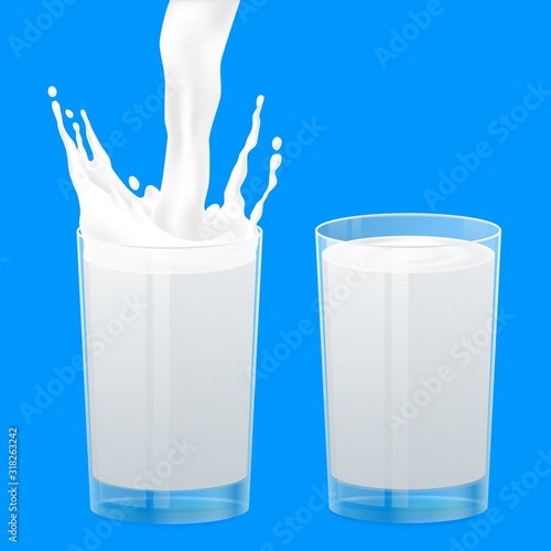 Glass cup with milk. Realistic isolated splash, liquid milky flow and crown, organic milkshake concept. Vector realistic full glass white color liquid on blue background