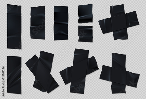 Black adhesive tape. Realistic group torn scotch with wrinkles on transparent background. Vector set of sticky tape pieces with ripped edges for package taping or paper glued