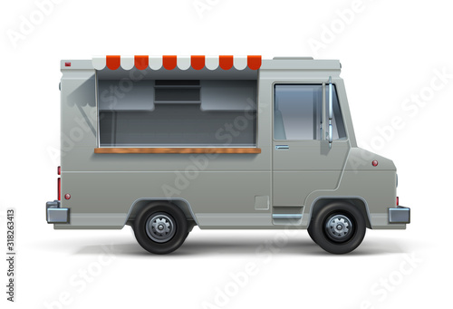 Food truck. Realistic mockup of ice cream or street food trailer with open window, canteen on wheels isolated on white. Vector cargo van for mobile fastfood sell