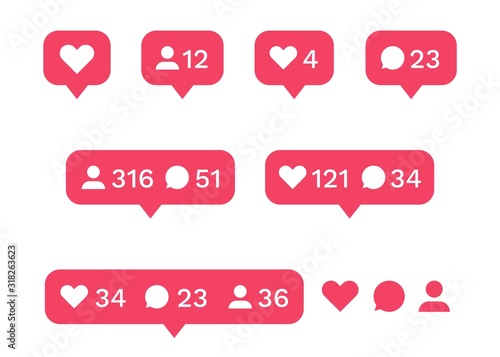 Social media interface icon set. Like, comment, follower icons. Vector illustration love heart buttons for interfaces application