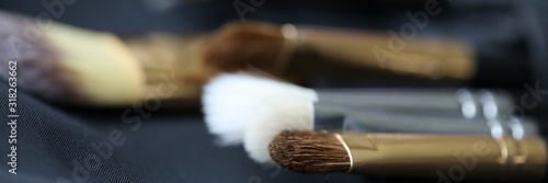 Quadro su tela Focus on professional brushes used by makeup artist in popular fashionable saloon or visagiste