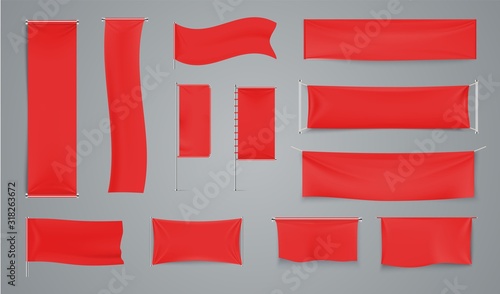 Red textile advertising banners. Waving fabric flag on metal rod. Vector collection realistic illustration waving banner for presentation or support in sport