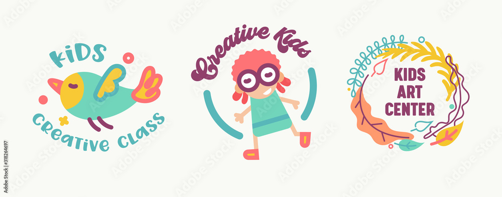 Kids Creative Class, Art Center Banners or Badges Set Isolated on White Background. Cute Primitive Style Characters and Floral Elements Logo Design with Typography, Cartoon Flat Vector Illustration