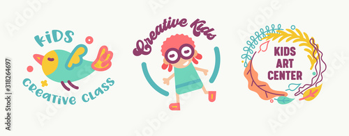 Kids Creative Class  Art Center Banners or Badges Set Isolated on White Background. Cute Primitive Style Characters and Floral Elements Logo Design with Typography  Cartoon Flat Vector Illustration