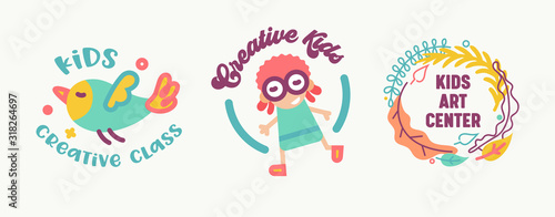 Kids Creative Class, Art Center Banners or Badges Set Isolated on White Background. Cute Primitive Style Characters and Floral Elements Logo Design with Typography, Cartoon Flat Vector Illustration