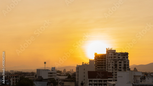 View that overlooks the landmark building and the setting sun