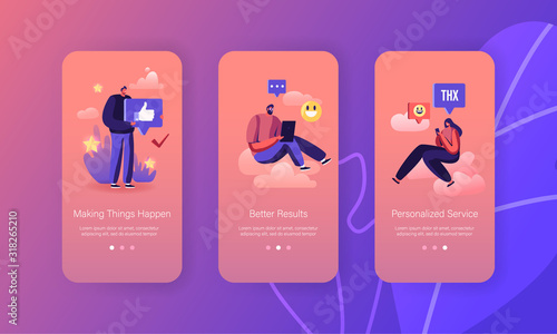 People Giving Thanks in Internet Networks Mobile App Page Onboard Screen Set. Characters Express Gratitude and support for Service Concept for Website or Web Page, Cartoon Flat Vector Illustration