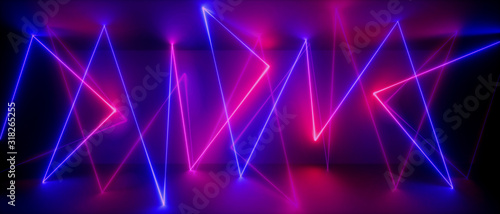 3d abstract neon background, chaotic lines, geometric shapes, trajectory path glowing in ultraviolet light, violet pink blue laser rays photo