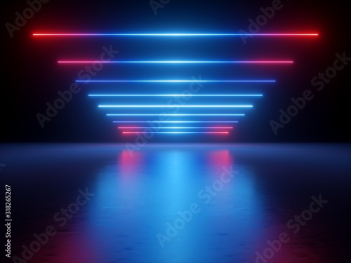 3d render  abstract neon ines over black background with perspective. Ultraviolet spectrum. Red blue glowing lines  laser rays  reflections.